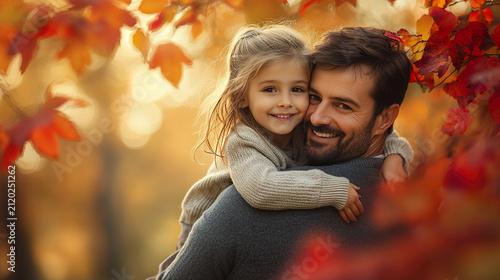 Loving father and daughter share warm embrace surrounded by colorful autumn leaves
