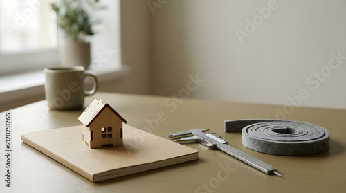 Miniature house with measuring tools and insulation material on a table, showing home energy assessment, renovation planning, and residential efficiency improvement