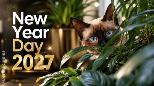  Siamese cat peeks through lush green leaves with 
