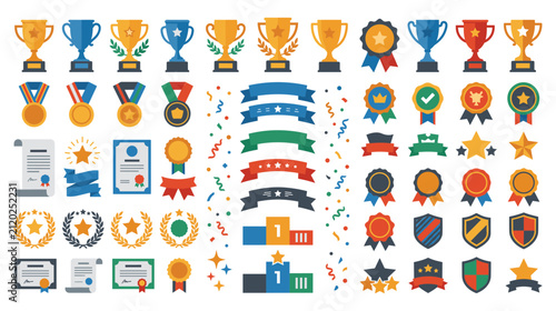 Konstfotografi Collection of awards trophies and ribbons isolated on white background