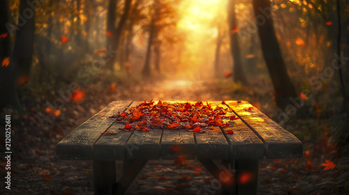 Magical autumn moment with wooden table covered in rich red leaves glowing warmly