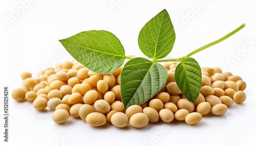 Soybean Seeds With Soy Leaf On White Background