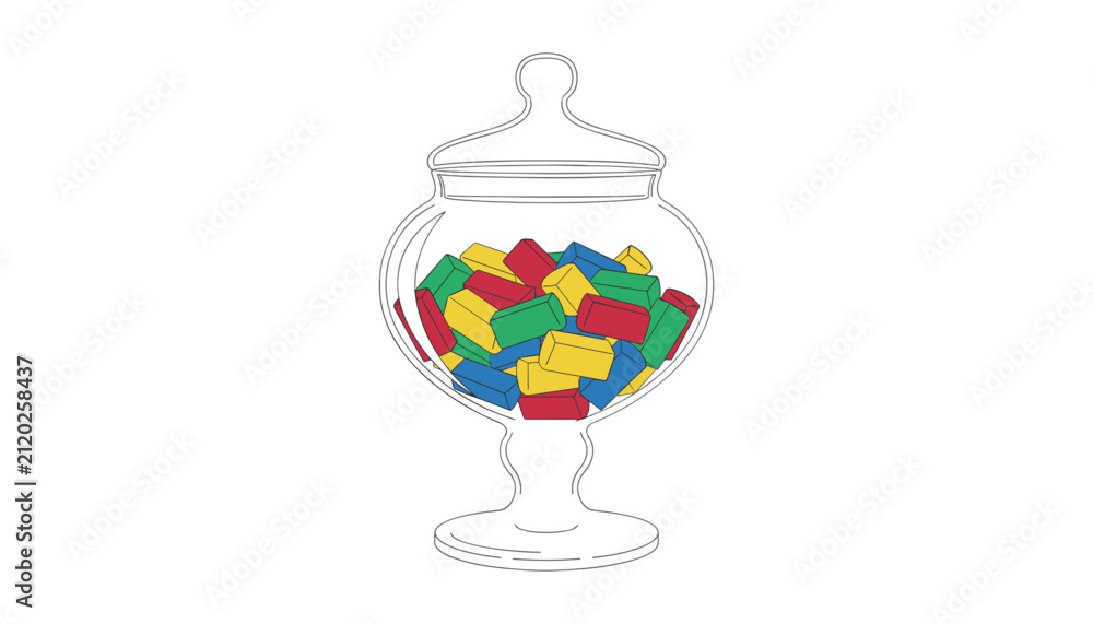 Obraz premium Elegant glass jar filled with colorful toy building blocks resembling candy sweets against a plain white background.