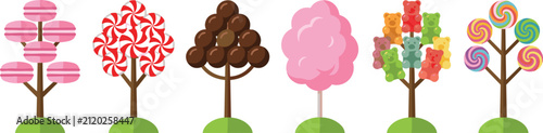 Whimsical Candy Land Tree Icon Set with Macaron, Peppermint, Chocolate, Cotton Candy, Gummy Bear, and Lollipop Sweets for Kids Fantasy Designs