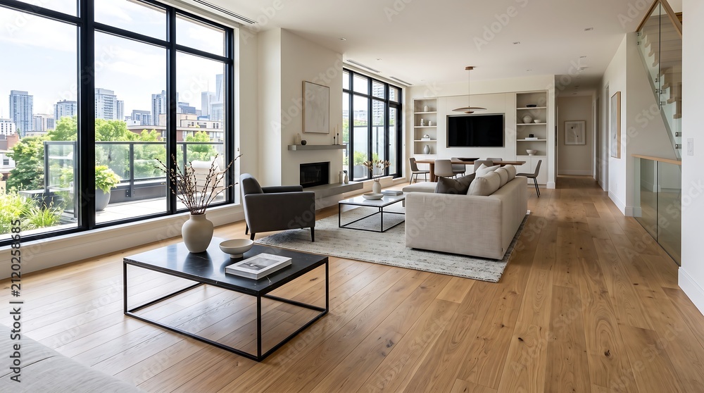 Fototapeta premium Modern living room with large windows and city view