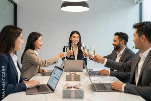 Team celebrates success in a modern office with drinks and gifts during a meeting