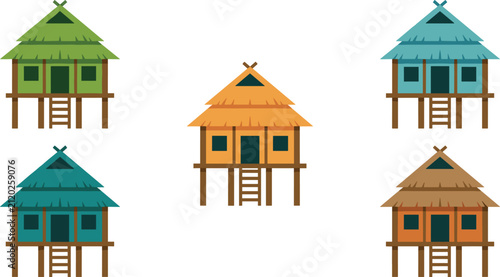 Fotografía Colorful Traditional Indonesian Wooden Stilt House Icon Set with Thatch Roof Tri