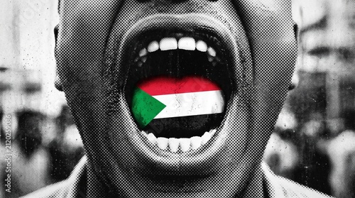 A person's open mouth with the Sudanese flag inside, symbolizing protest and national voice amidst a crowd.