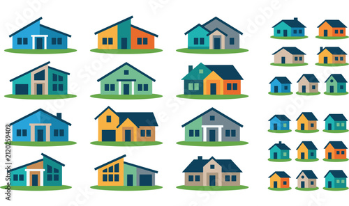 Modern Flat Vector House Icons Set with Colorful Geometric Architectural Designs for Real Estate Branding, Property Listings, and Urban Map Applications