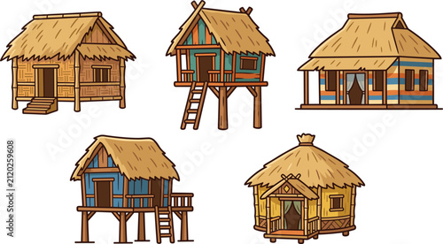 Konstfotografi Colorful Tropical Eco Resort Icon Set with Traditional Wooden Stilt Bungalows an