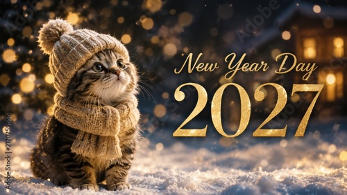 cute kitten wearing a knitted hat and scarf sits in the snow with warm lights glowing in the background, celebrating New Year Day 2027.