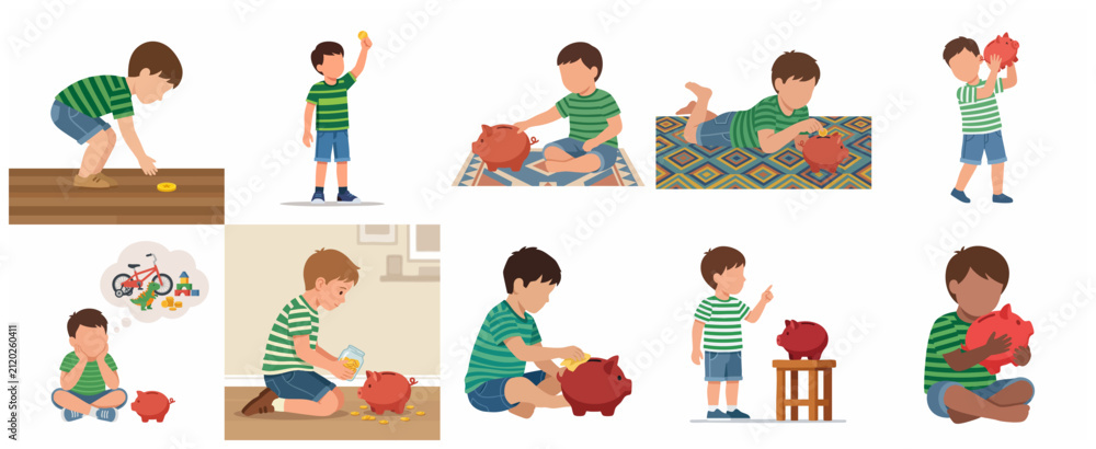 Naklejka premium Set of illustrations of a little boy saving money in a red piggy bank and dreaming of toys
