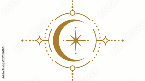 Golden Celestial Crescent Moon and Star Logo, Mystical Esoteric Boho Vector Design