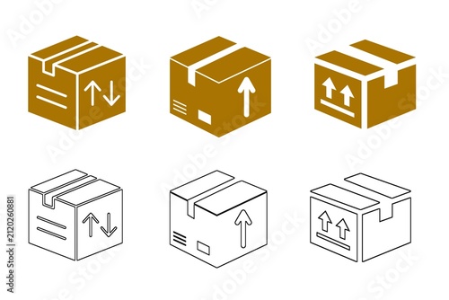 Shipping box icon set. Cardboard packaging symbols with 'this way up' arrows in solid brown and line outline styles. Vector illustration for delivery and logistics.