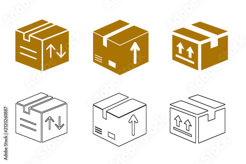 Shipping box icon set. Cardboard packaging symbols with 'this way up' arrows in solid brown and line outline styles. Vector illustration for delivery and logistics.