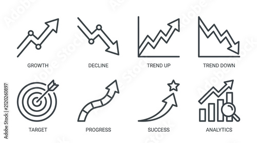 Collection of business growth and financial analysis line icons representing success, target, progress, and market trends in clean vector style