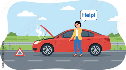 Cuadro en lienzo Woman calling for roadside assistance help with broken down red car on highway v