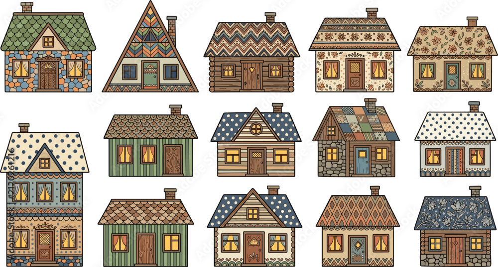 Fototapeta premium Quaint Cottage Icon Set with Patterned Mosaic Roofs Geometric Textures Floral Prints and Warm Lit Windows for Whimsical Village Craft Designs