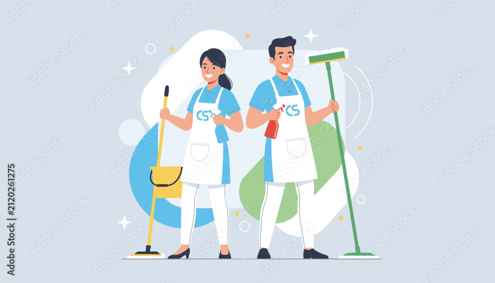 Fototapeta premium Two friendly professional service cleaners posing together with a mop, squeegee, and detergent sprays in uniform.