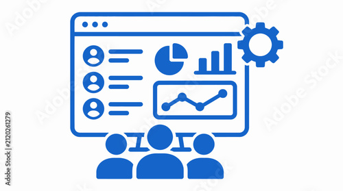 Professional software management system showing data charts and team members in blue vector style