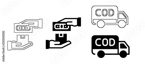 Cash on delivery (COD) icon set. Hands exchanging money for a package and COD delivery truck symbols in solid black and line outline styles. Vector illustration for e-commerce payment methods.
