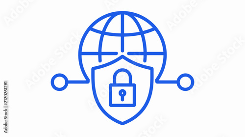 Blue global network security icon with globe shield and padlock for digital data protection