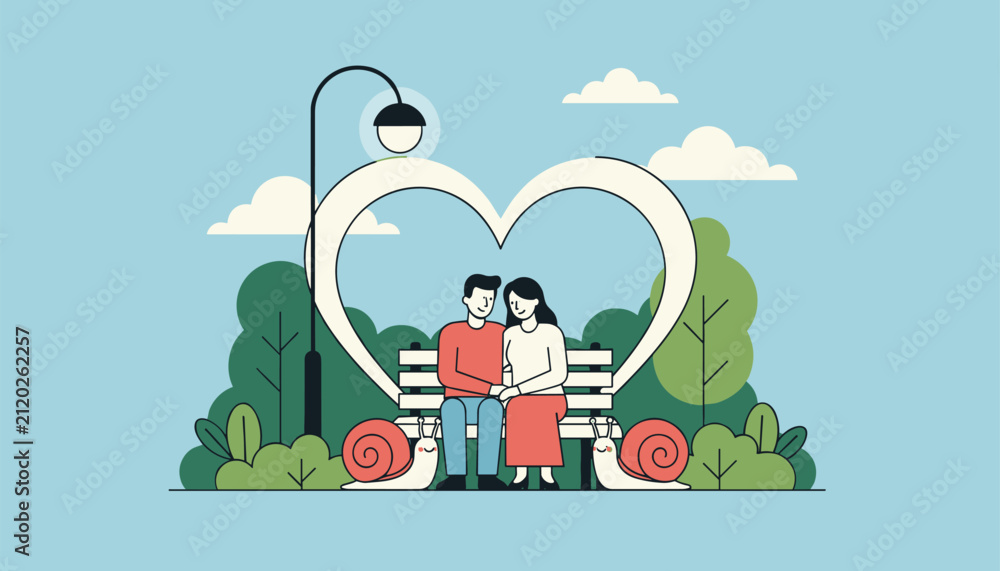 Fototapeta premium Young romantic couple sitting on wooden park bench inside giant heart frame under street lamp with cute snails beside them.