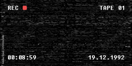 VHS video overlay with glitch noise effect. Retro style VHS home recording. 1990s camcorder video overlay.