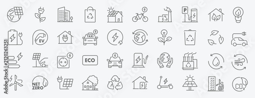 Net Zero web icons in line style. Green energy, CO2 neutral, gas emissions, climate, ecology, collection. Editable stroke. Vector illustration.