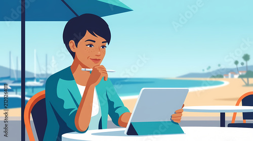 Young woman using tablet device while sitting near water