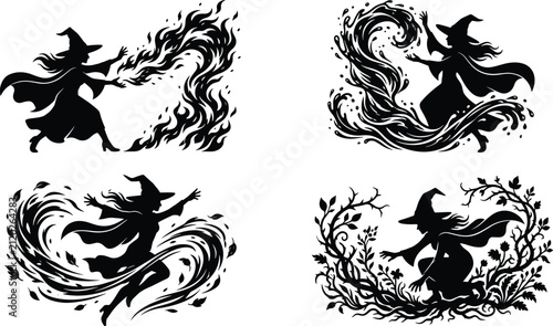 Foto Fantasy Witch Silhouette Collection with Magic Spell Mystical Swirls and Enchant