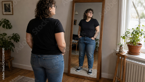 Curvy woman looking at her reflection in a full-length mirror at home. Body image, self-acceptance, confidence, body positivity, personal style and everyday lifestyle concept.