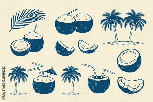 Hand-drawn tropical coconut and palm tree collection, blue ink on beige background, fruit beverage