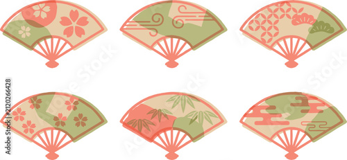 Traditional Japanese folding fans vector illustration set with auspicious floral patterns and stamp textures