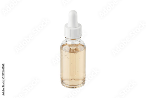 Glass dropper bottle with clear serum liquid.