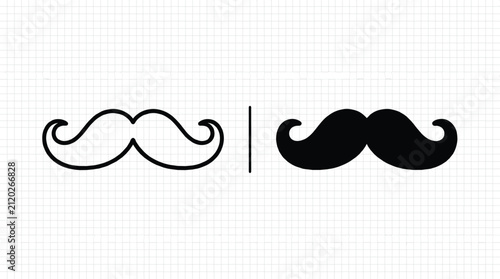 Vintage gentleman mustache vector icon set featuring linear outline and solid silhouette comparison layout