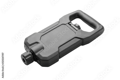 Gray plastic industrial case handle with locking latch.