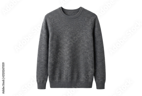 Gray knitted crewneck sweater on black background.