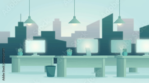 Minimalist Coworking Space with Computer Desks and Urban Cityscape Background