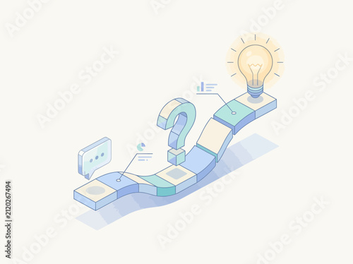 Isometric illustration of a problem solving roadmap with question mark and light bulb
