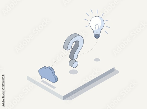Isometric visual concept of creative thinking, problem solving, question mark and light bulb idea