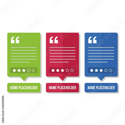 Colorful testimonial quote boxes vector template with star rating customer feedback