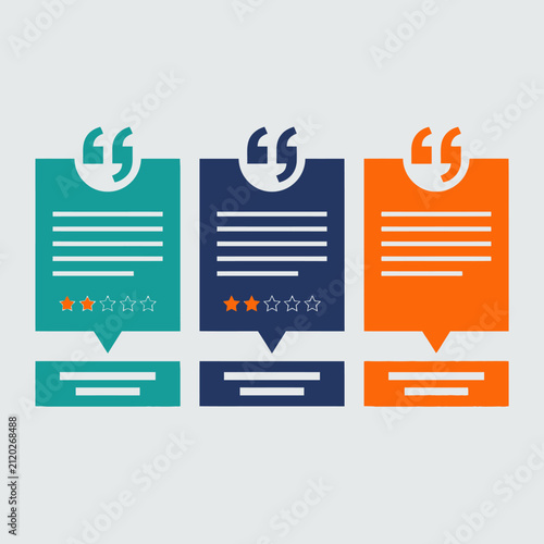 Set of Colorful Customer Review Boxes with Star Ratings and Quotation Marks for Web Design