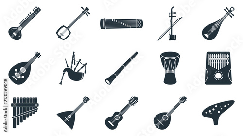 Collection of traditional and folk musical instruments icons set