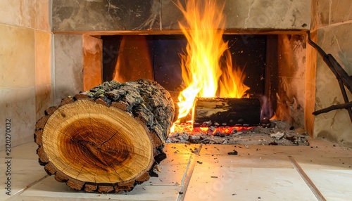 Fireplace with burning wood.
