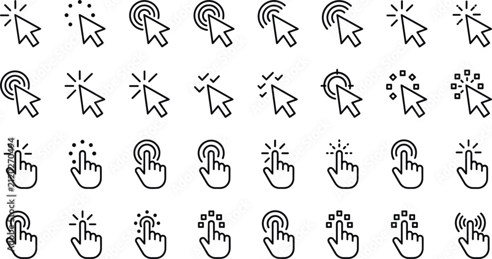 Fototapeta premium Computer mouse cursor pointer arrow and touch hand icons set black outline interactive click signs vector illustration