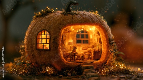 Macro 3D illustration of tiny mouse house built inside glowing carved pumpkin, miniature furniture positioned in enchanted garden clearing