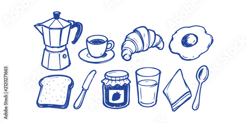 Morning breakfast food and coffee doodle element collection set, vector illustration