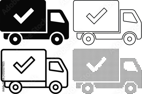 Delivery truck icon. Truck with checkmark symbol. Simple pictogram for shipping, logistics, order confirmed, fast delivery and courier service design.