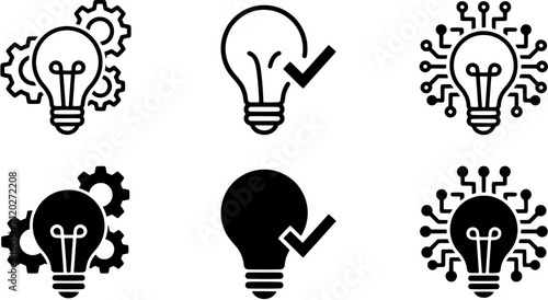 Idea and innovation icon set in outline and solid black styles including light bulb with gears, check mark and circuit board representing creativity and technology.